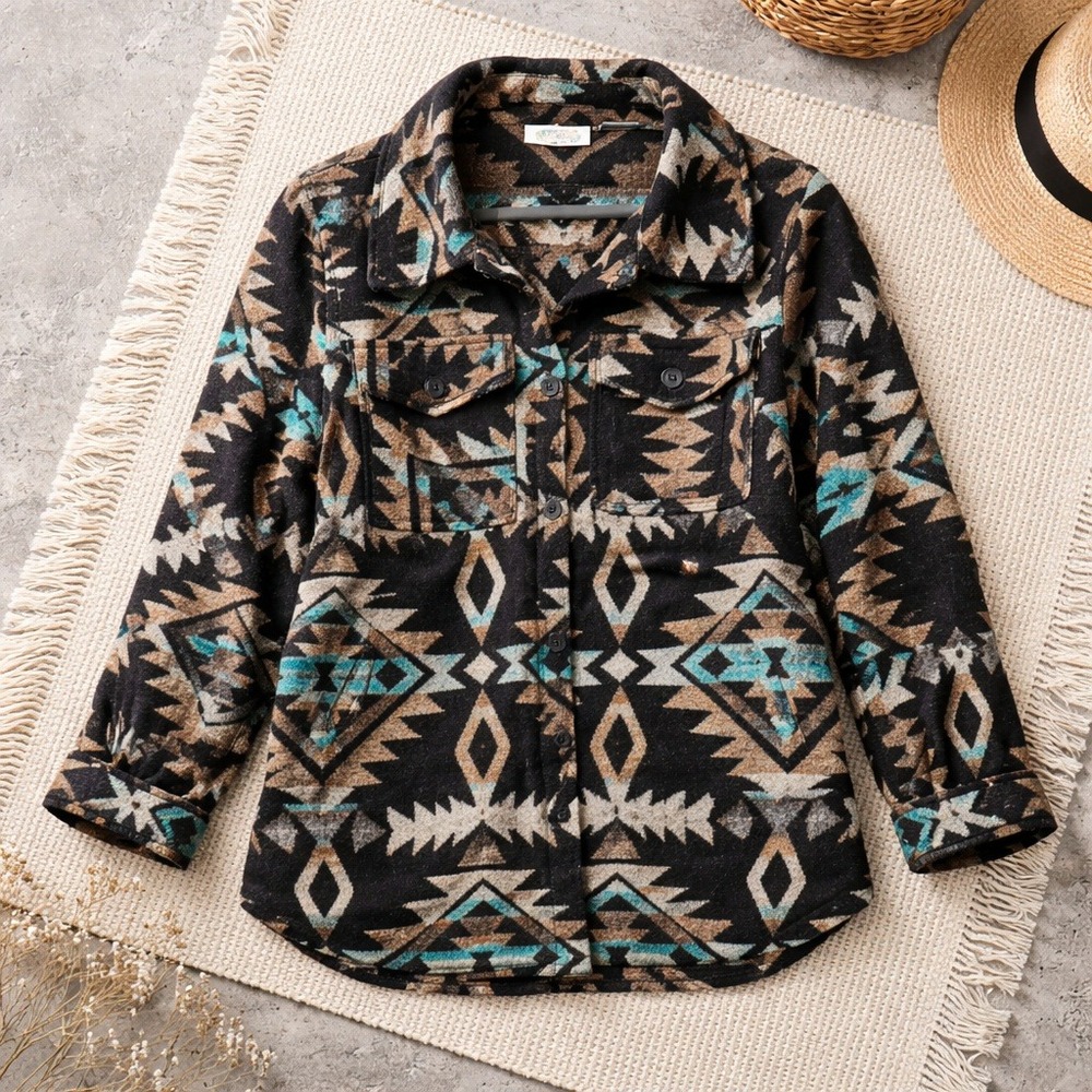 Collections Etc Aztec‎ Shacket Womens Medium Southwestern Button Jacket Sherpa